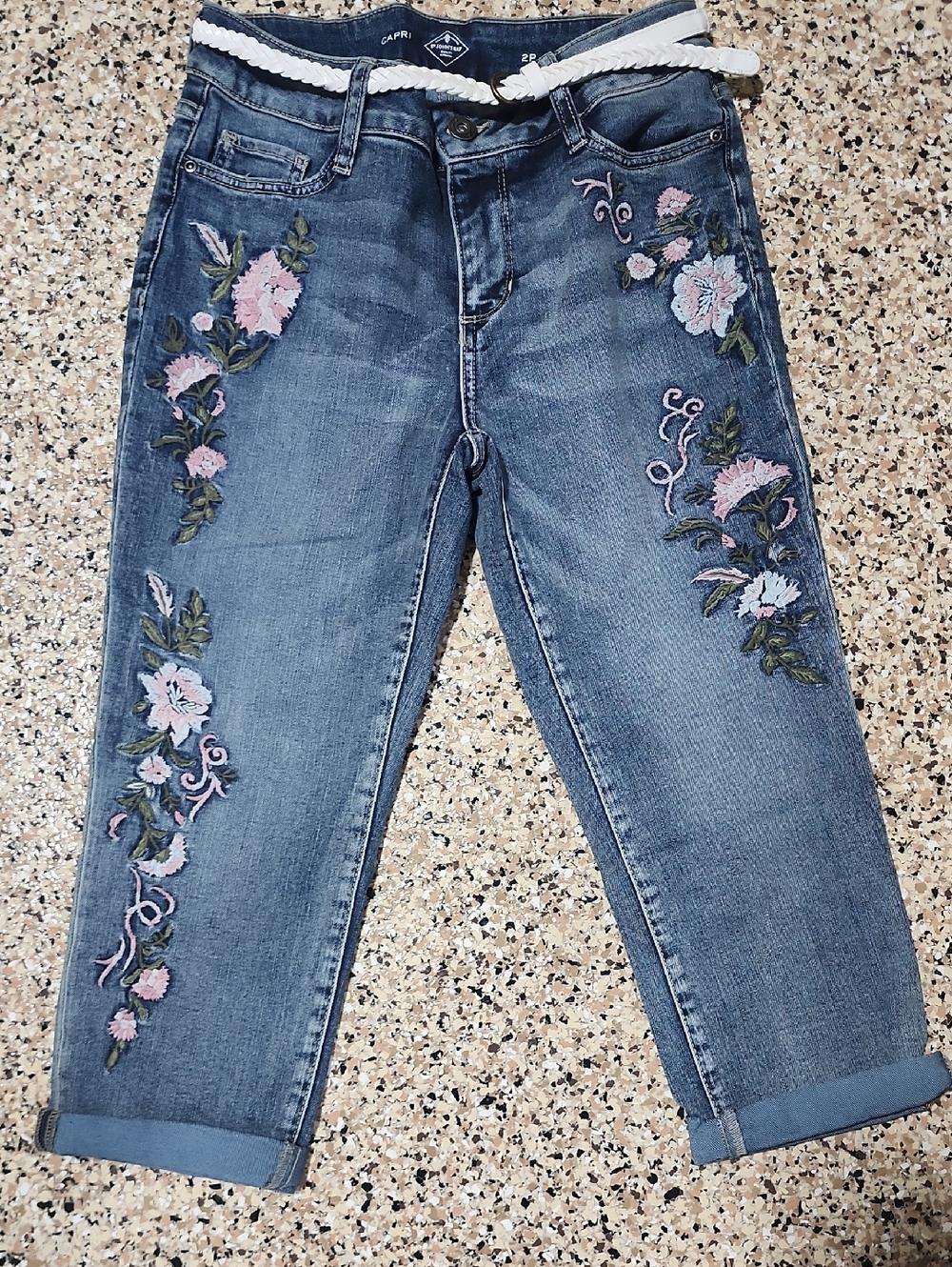 St. John's Bay Blue Denim Capri Jeans with Pink Floral Embroidery
